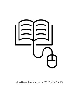 Open book with computer mouse connected to it. Easy access to online learning and digital books. Pixel perfect, editable stroke vector icon