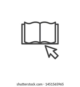 Open book and computer mouse line icon. linear style sign for mobile concept and web design. eBook with mouse cursor arrow outline vector icon. Symbol, logo illustration. Vector graphics