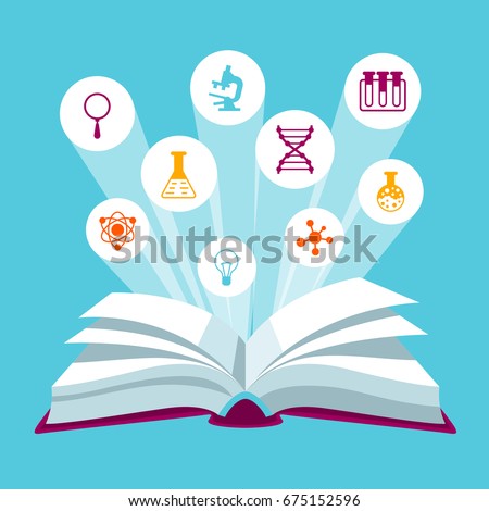 Open book concepr with education icons. Illustration for schools and educational institutions.