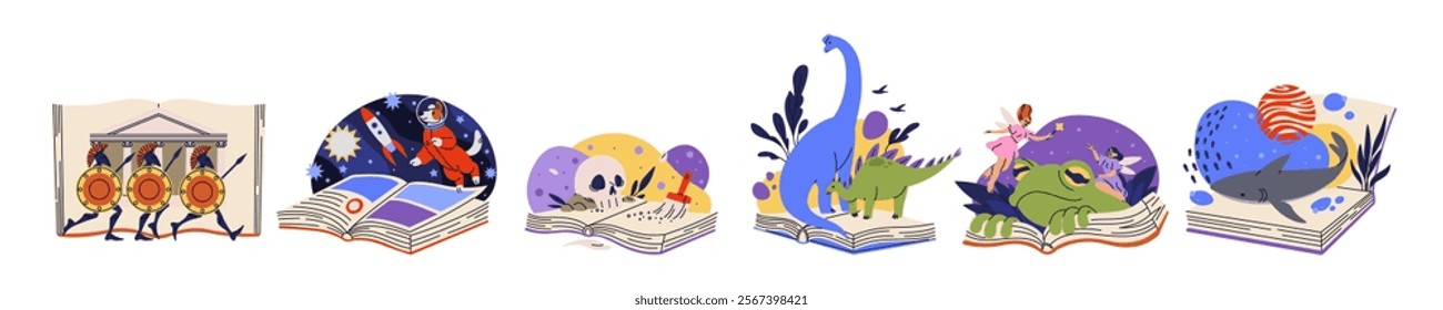 Open book. Concept of imagination. Fairy tales pages. Live animated fictional characters. Reading novels. Ancient history. Library of adventure. Archeology and fantasy literature. Vector textbooks set