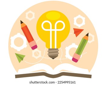 Open book. The concept of learning. Lamp idea. Back to school. Reading books and gaining knowledge. Vector graphics