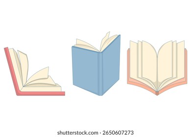 Abrir Conceito de Livro. Conjunto de livros abertos. Capas de livros coloridos, conceito de estudo de literatura para o ensino superior. Livros para leitura. Livros didáticos. Conjunto plano vetorial.