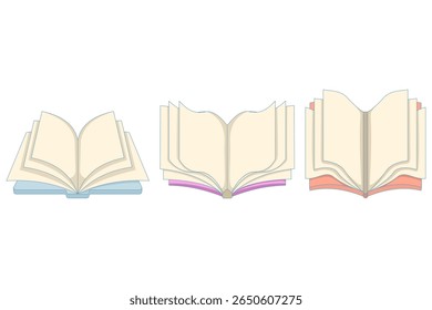 Abrir Conceito de Livro. Conjunto de livros abertos. Capas de livros coloridos, conceito de estudo de literatura para o ensino superior. Livros para leitura. Livros didáticos. Conjunto plano vetorial.