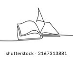Open book in continuous line art drawing style. Education and knowledge symbol. Black linear design isolated on white background. Vector illustration
