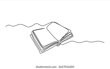 Abrir desenho de linha contínua do livro. Educação e conceito de literatura. Ilustração vetorial isolada. Design minimalista desenhado à mão. Traçado editável.
