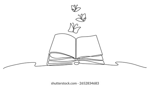 Open Book Continuous Line Drawing. Reading Concept One Line Drawing. Open Book with Butterflies Minimalist Illustration. Library Education Concept Vector Illustration. Not AI
