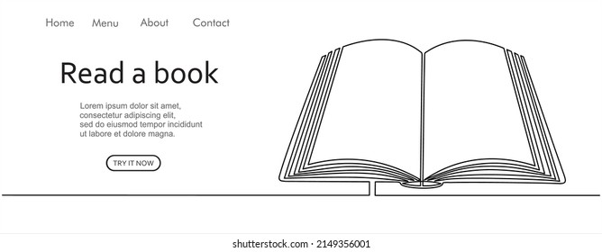 Open book with continuous one line drawing with flying pages. Illustration of educational supplies back to school theme for website landing page. Order a banner for one line drawing.