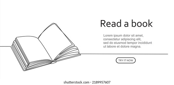 Open book with continuous one line drawing with flying pages. Illustration of educational supplies back to school theme for website landing page. Order a banner for one line drawing.