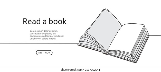 Open book with continuous one line drawing with flying pages. Illustration of educational supplies back to school theme for website landing page. Order a banner for one line drawing.