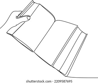 Abrir libro Dibujo continuo de una línea. Ilustración artística de una línea de un libro abierto. El tema del aprendizaje del dibujo del contorno. Ilustración vectorial.