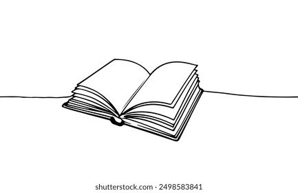 Open Book Continuous One Line Drawing. Open Book Single Line Art Illustration. Contour Drawing Education Theme. Vector Illustration.