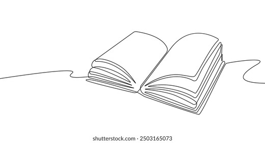 Open Book Continuous One Line Drawing. Open Book Single Line Art Illustration. Contour Drawing Education Theme. Vector Illustration.