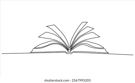 Open book continuous one line art drawing illustration