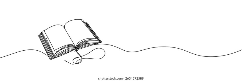 Buch durchgehende einzeilige Zeichnung öffnen. Buchladen, Bibliothekszeichen im einfachen linearen Stil. Vektorgrafik.