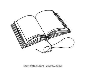 Open book continuous one line drawing. Bookstore, library sign in simple linear style. Vector illustration.