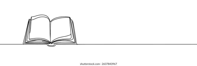 Open book continuous one line drawing. Bookstore, library sign in simple linear style. Vector illustration.