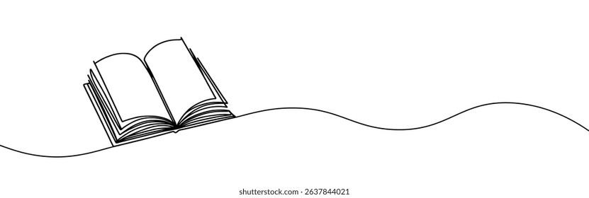 Open book continuous one line drawing. Bookstore, library sign in simple linear style. Vector illustration.