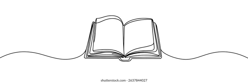 Open book continuous one line drawing. Bookstore, library sign in simple linear style. Vector illustration.