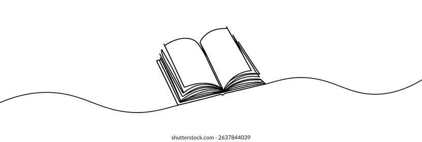 Open book continuous one line drawing. Bookstore, library sign in simple linear style. Vector illustration.