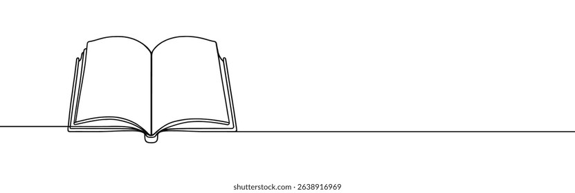 Open book continuous one line drawing. Bookstore, library sign in simple linear style. Vector illustration.