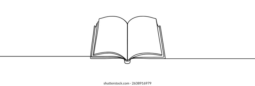 Open book continuous one line drawing. Bookstore, library sign in simple linear style. Vector illustration.