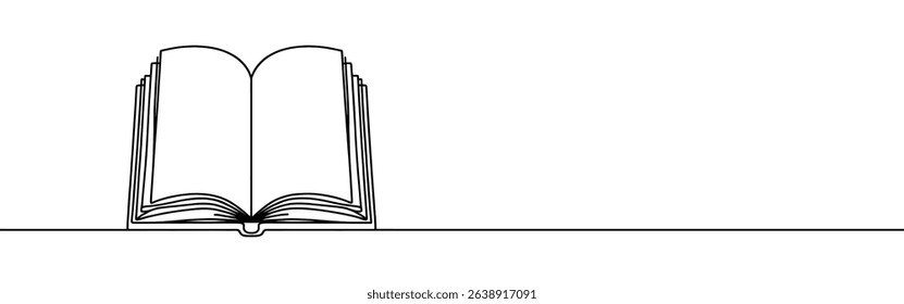 Open book continuous one line drawing. Bookstore, library sign in simple linear style. Vector illustration.