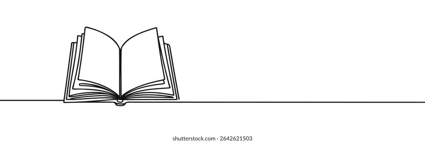 Abrir livro contínuo um desenho de linha. Livraria, sinal de biblioteca em estilo linear simples. Ilustração vetorial.
