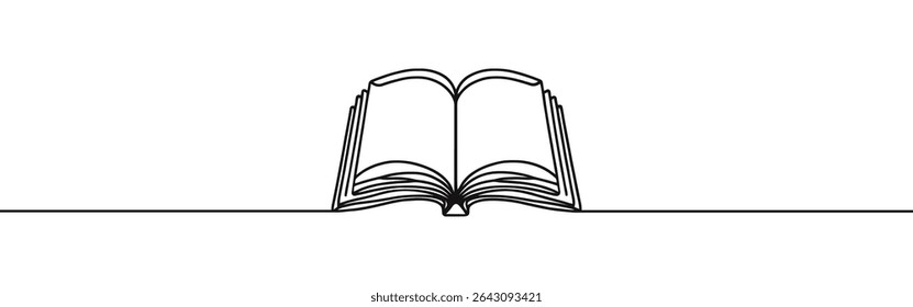 Abrir livro contínuo um desenho de linha. Livraria, sinal de biblioteca em estilo linear simples. Ilustração vetorial.