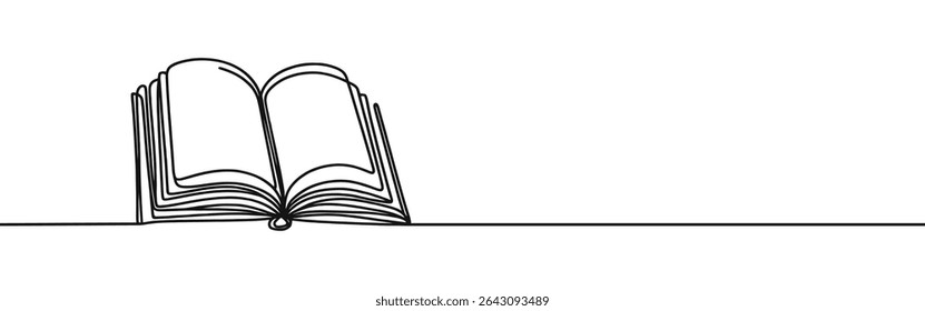 Open book continuous one line drawing. Bookstore, library sign in simple linear style. Vector illustration.