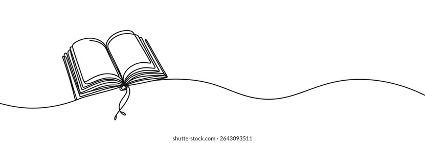 Open book continuous one line drawing. Bookstore, library sign in simple linear style. Vector illustration.