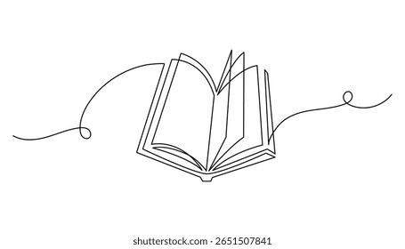 Abrir livro contínuo um desenho de linha. Ilustração vetorial minimalista simbolizando educação, conhecimento, literatura. Estilo desenhado à mão. Isolado no fundo branco.