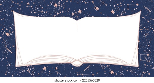 Open book with copy space, blue sky background with constellations. Universe vector illustration for astrology, tarot, horoscope. Boho mystical sky background.