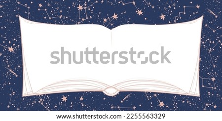 Open book with copy space, blue sky background with constellations. Universe vector illustration for astrology, tarot, horoscope. Boho mystical sky background.
