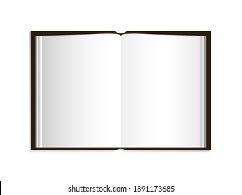 Open book with cover. Blank page of book. Template paper booklet. Mockup of book with shadow isolated on white background. Realistic notebook for advertisement, library. Album with hardcover. Vector.