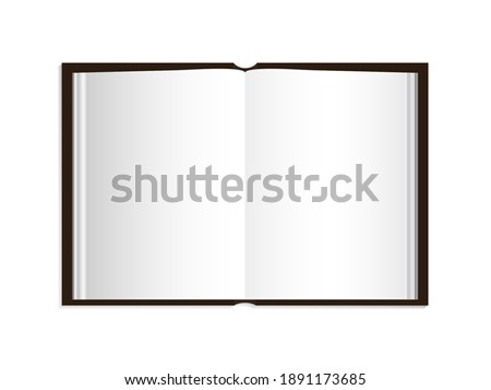 Open book with cover. Blank page of book. Template paper booklet. Mockup of book with shadow isolated on white background. Realistic notebook for advertisement, library. Album with hardcover. Vector.