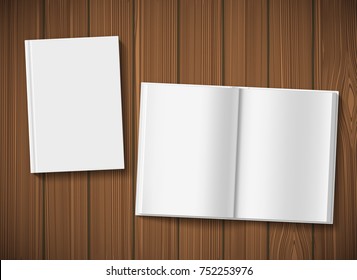 Open book and cover on a wooden table. Blank white paper for writing. Stock vector illustration.