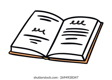 Libro abierto, estilo de doodle dibujado a mano acogedor. Ilustración vectorial.