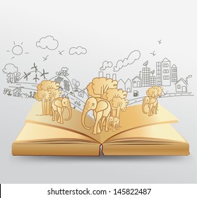 Open book with creative drawing elephant idea concept, Vector illustration modern template design
