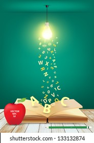 Open book with creative light bulb and falling letters on wood planks, Vector illustration template design