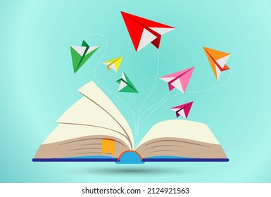 Open book and creative paper airplanes teamwork paper art style.Vector illustration.
