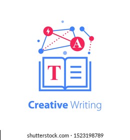 Open book, creative writing and storytelling, education concept, read summary, text review, vector line icon