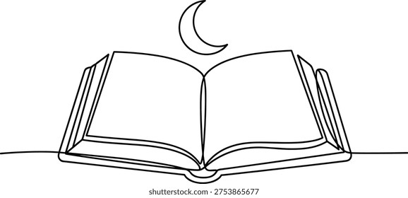 Open book with crescent moon overhead in minimalist line art style