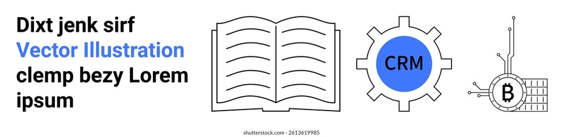 Open book, CRM gear symbol, Bitcoin digital circuit, random text. Ideal for educational websites, financial platforms, tech blogs, CRM tools, blockchain info, user manuals, landing page