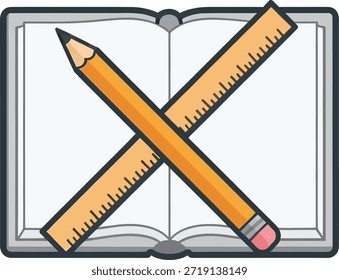 Libro abierto con Ilustración vectorial de lápices cruzados para conceptos de estudio y tarea.