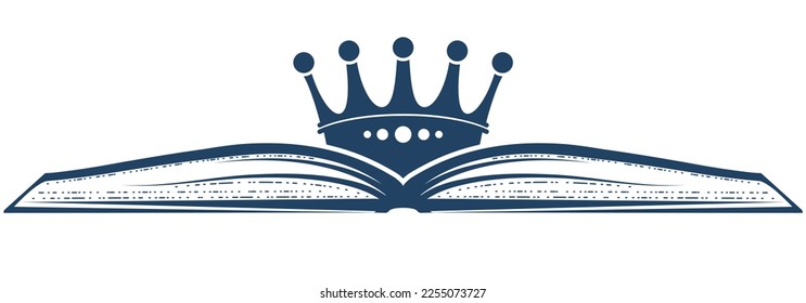 Open book and crown, fairytale reading, king of knowledge and education,  kid tale collection, vector 