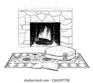  
Open book, cup of coffee , seat pad on a rug with a geometric pattern against the backdrop of a kindled fireplace. Vector vintage  illustration. Sketch .