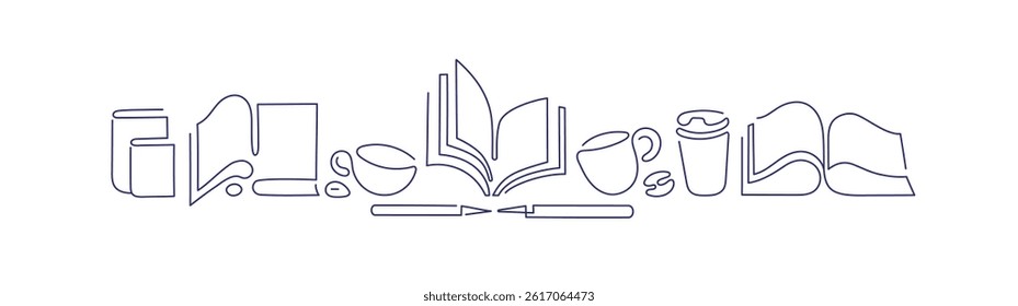 Open book, cup of coffee, tea. Line design. Cafe shop, club. Book piles for education. Vector border. Abstract backdrop, frieze. Editable stroke. Horizontal art sketch composition