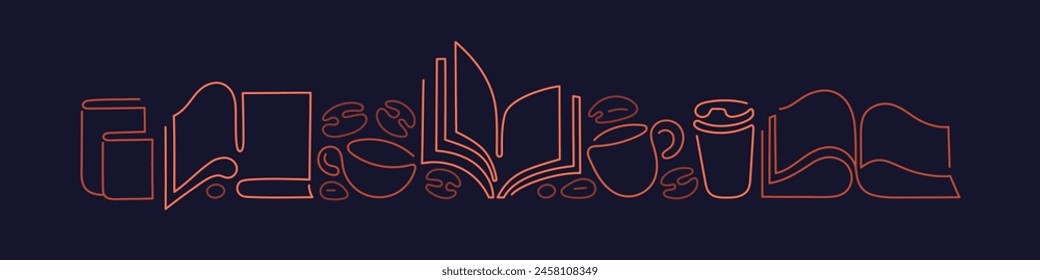 Open book, cup of coffee at work desk. Book piles for education, tea glass. Cafe shop, food design. Vector line illustration. Abstract silhouette concept. Editable stroke