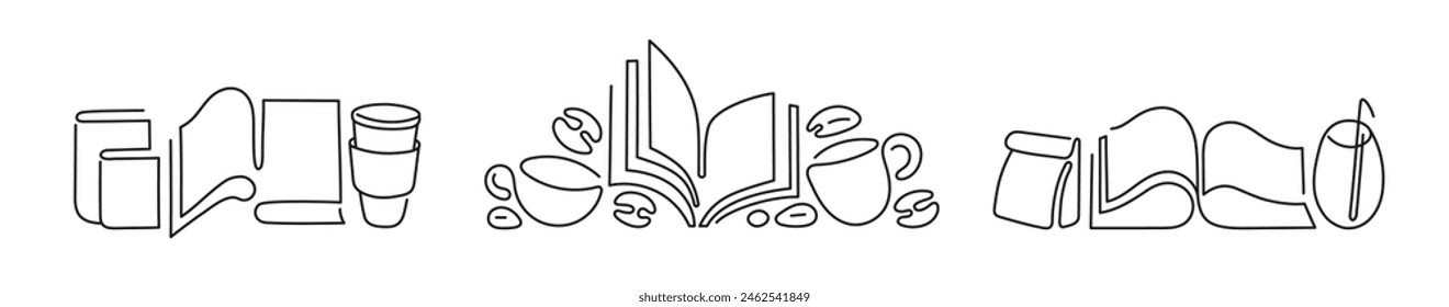 Open book, cup of coffee at work desk. Book piles for education, tea glass. Cafe shop, food design. Vector line illustration. Abstract silhouette concept. Editable stroke
