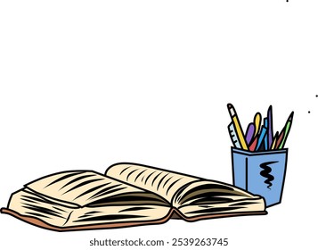 An open book with a cup of colored pencils next to it.